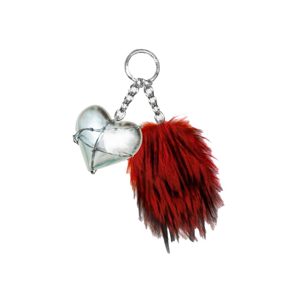 ‘PLASTIC BOX’ dual-charm keychain features a barbed wire-wrapped silver heart and a plush red faux fur tassel