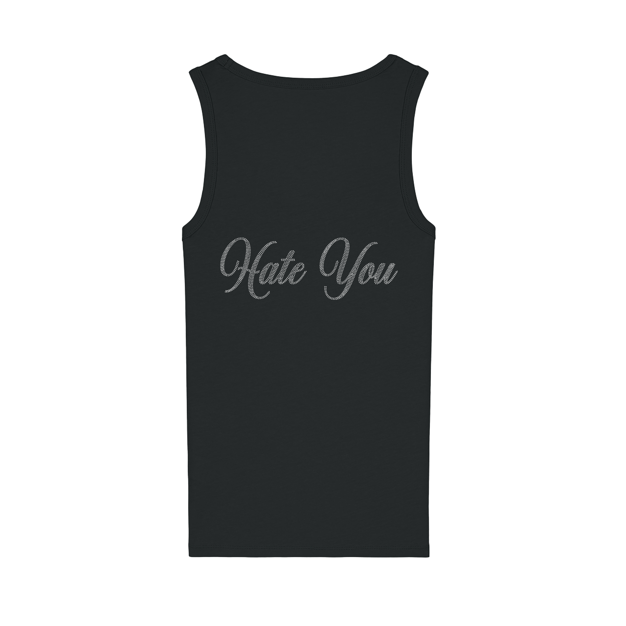 Black tank top with 'Hate You' text on a white background
