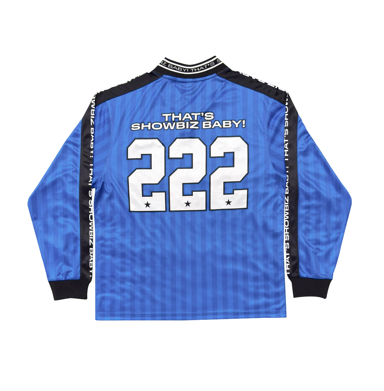 Blue long-sleeve shirt with text and numbers on a white background