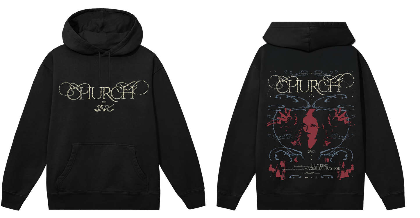 Black hoodie with 'Church' design on front and back, featuring text and a graphic of a person.