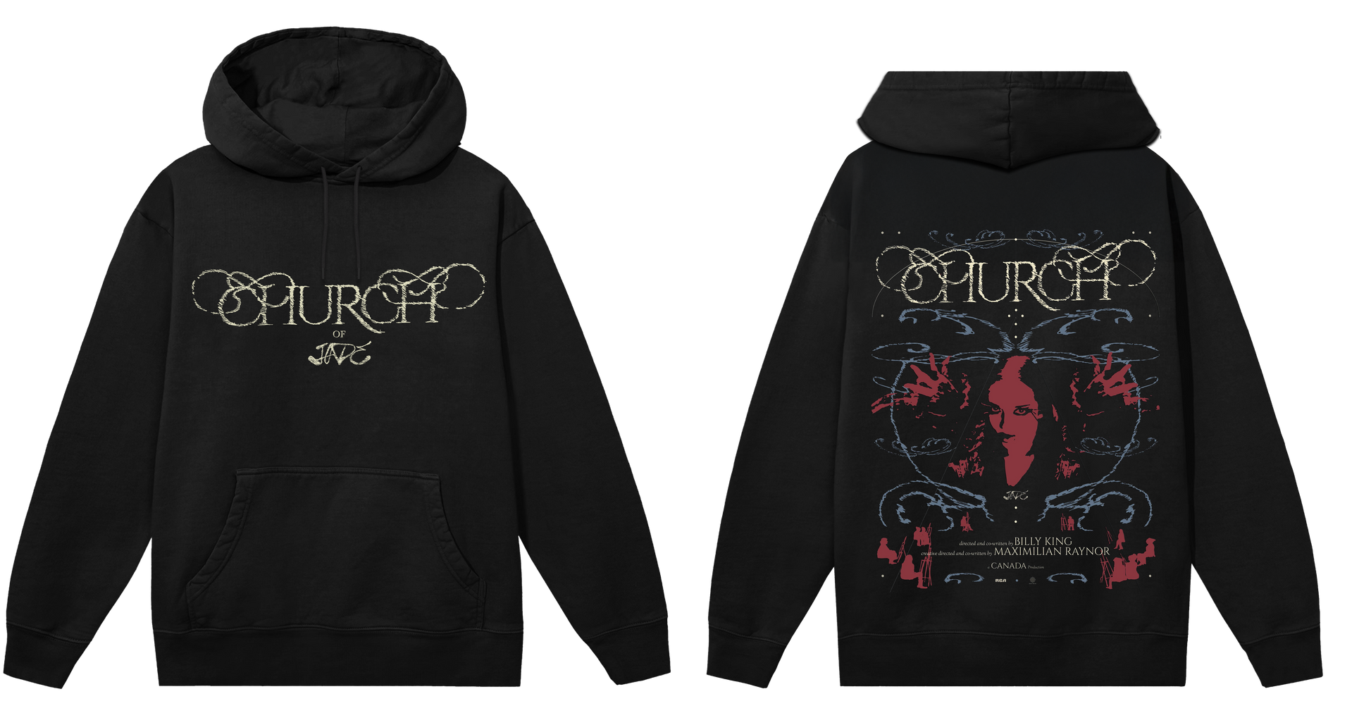 Black hoodie with 'Church' design on front and back, featuring text and a graphic of a person.
