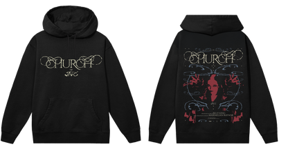 Black hoodie with 'Church' design on front and back, featuring text and a graphic of a person.