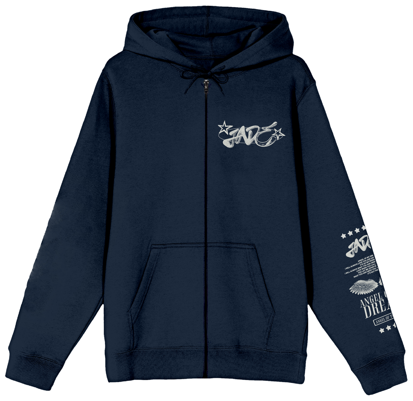 JADE Navy blue hoodie with white graphics on a white background