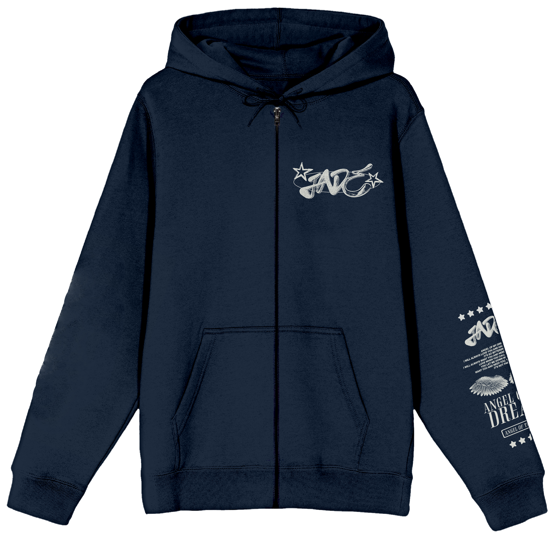 JADE Navy blue hoodie with white graphics on a white background