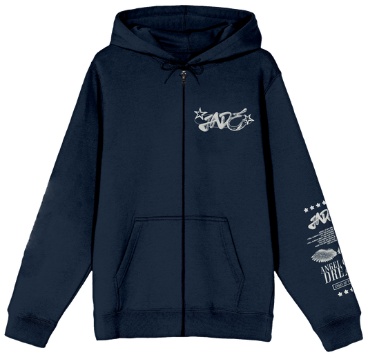JADE Navy blue hoodie with white graphics on a white background