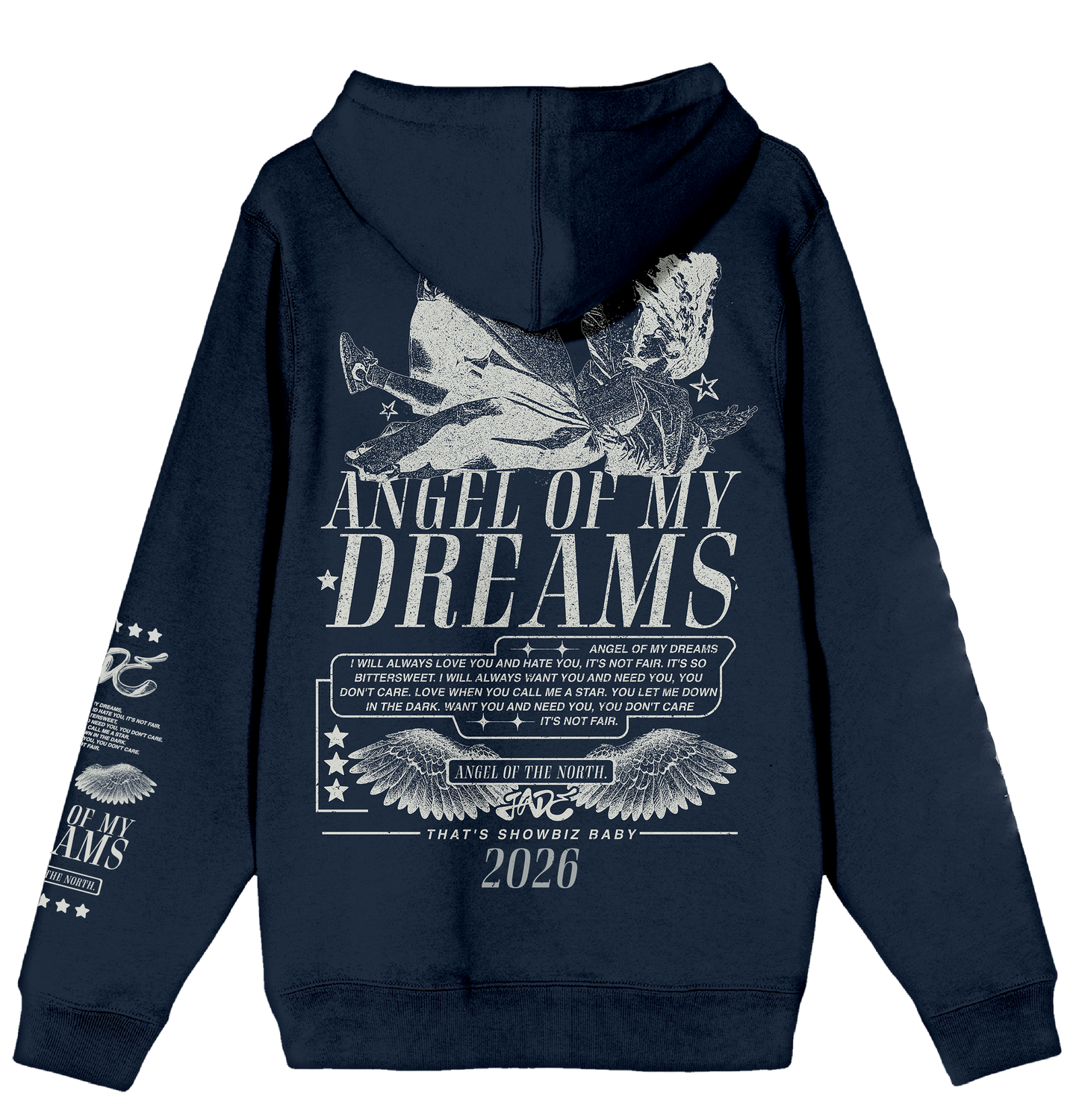 Jade Navy blue hoodie with 'Angel of My Dreams' design on the back