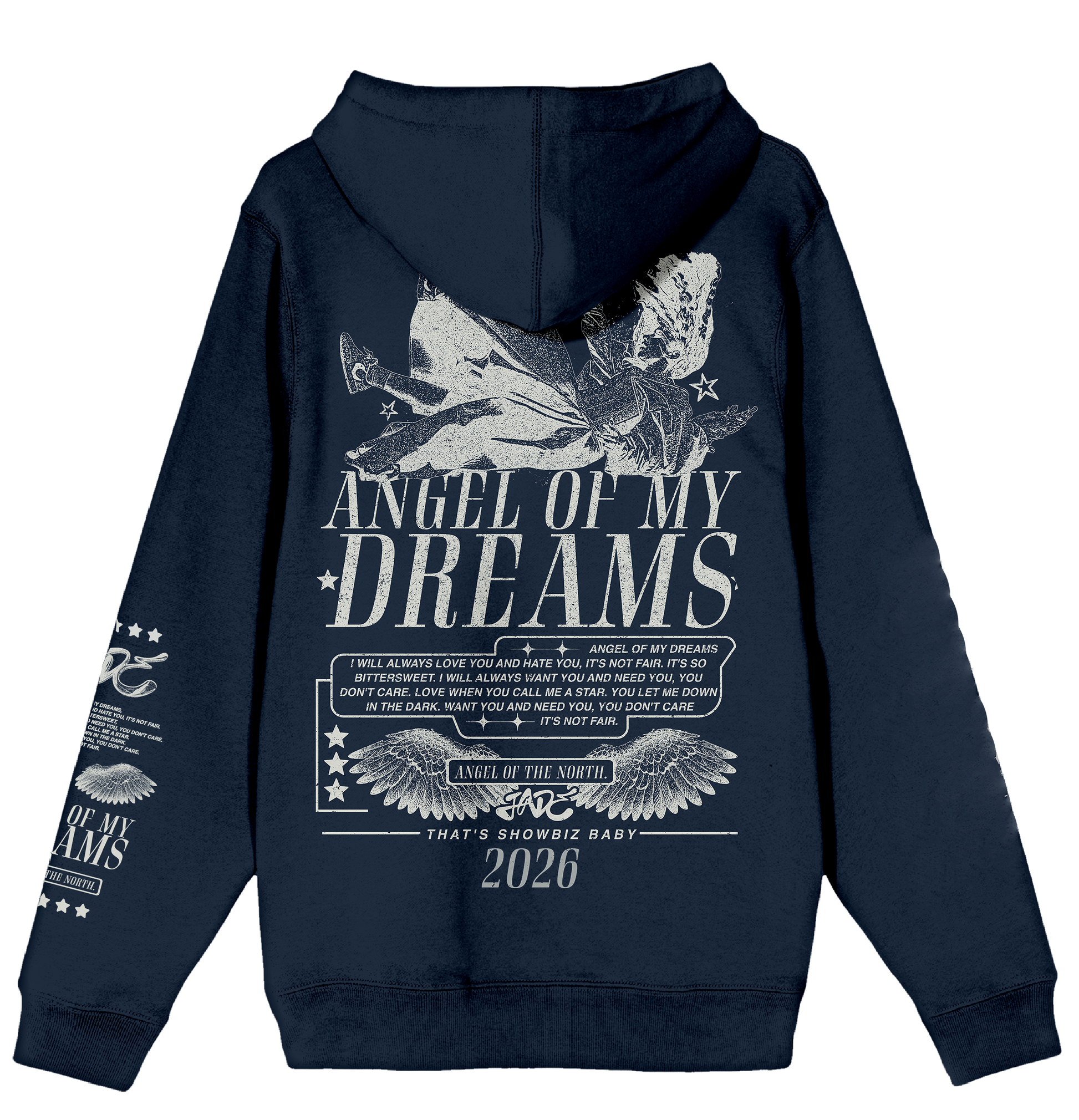Jade Navy blue hoodie with 'Angel of My Dreams' design on the back
