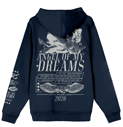 Jade Navy blue hoodie with 'Angel of My Dreams' design on the back