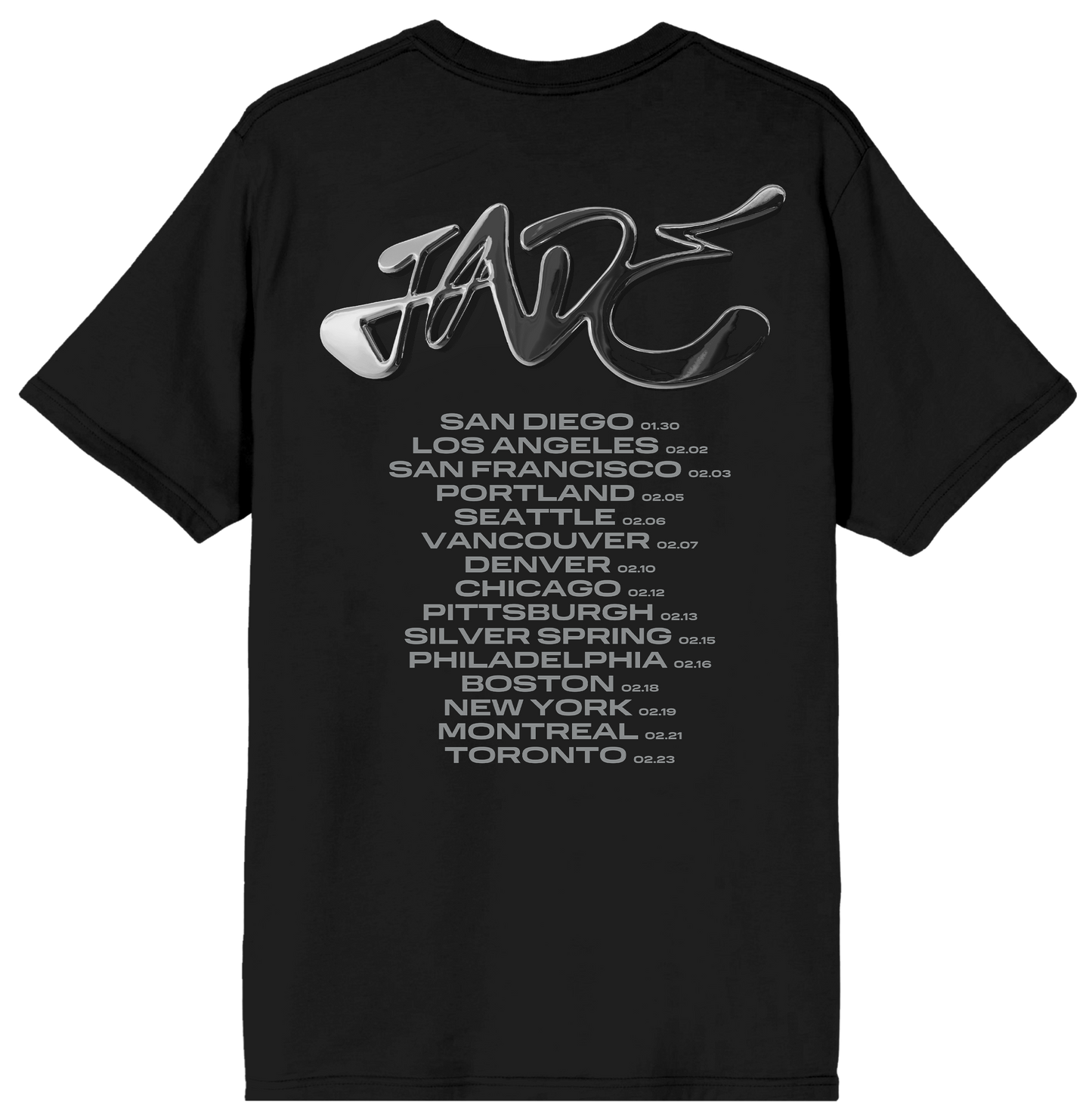 JADE Black t-shirt with white text and logo on a white background