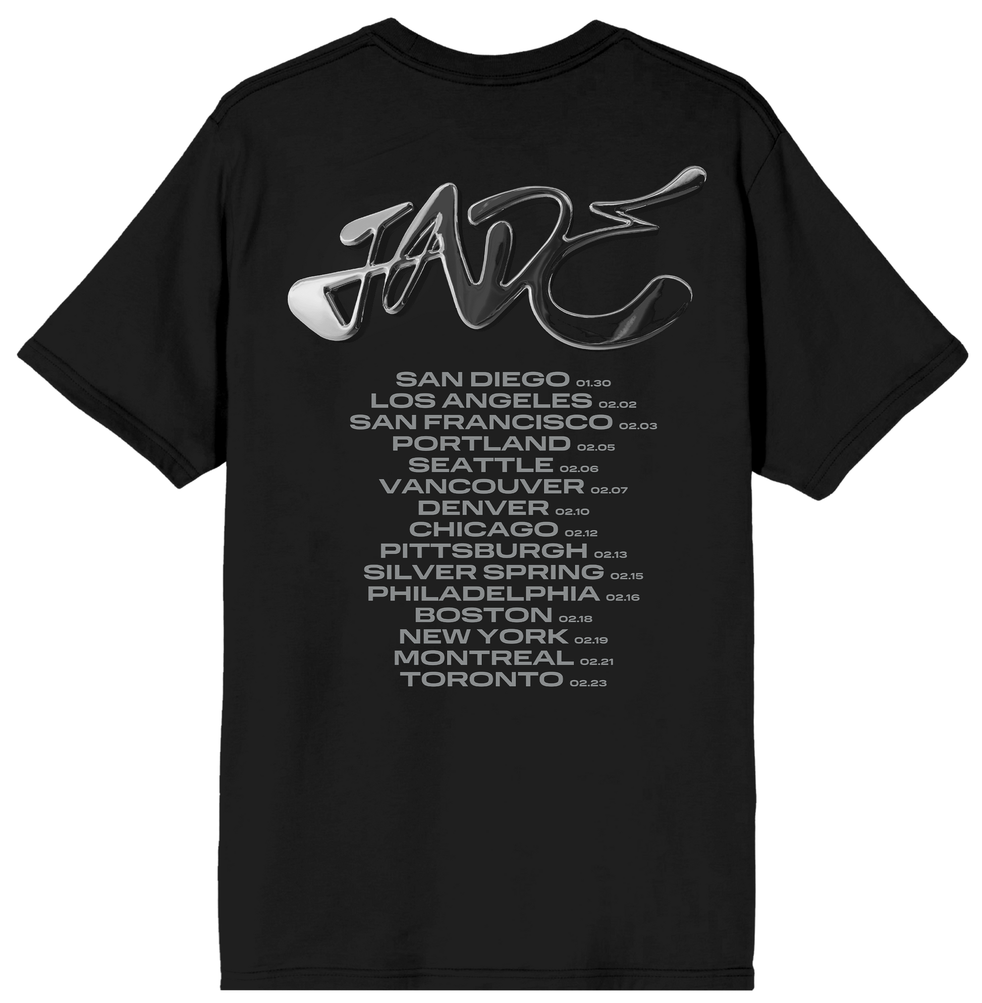 JADE Black t-shirt with white text and logo on a white background