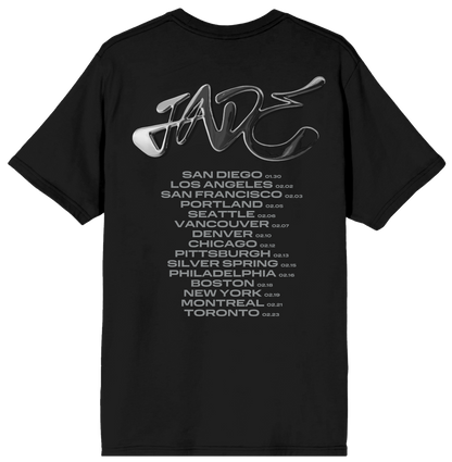 JADE Black t-shirt with white text and logo on a white background