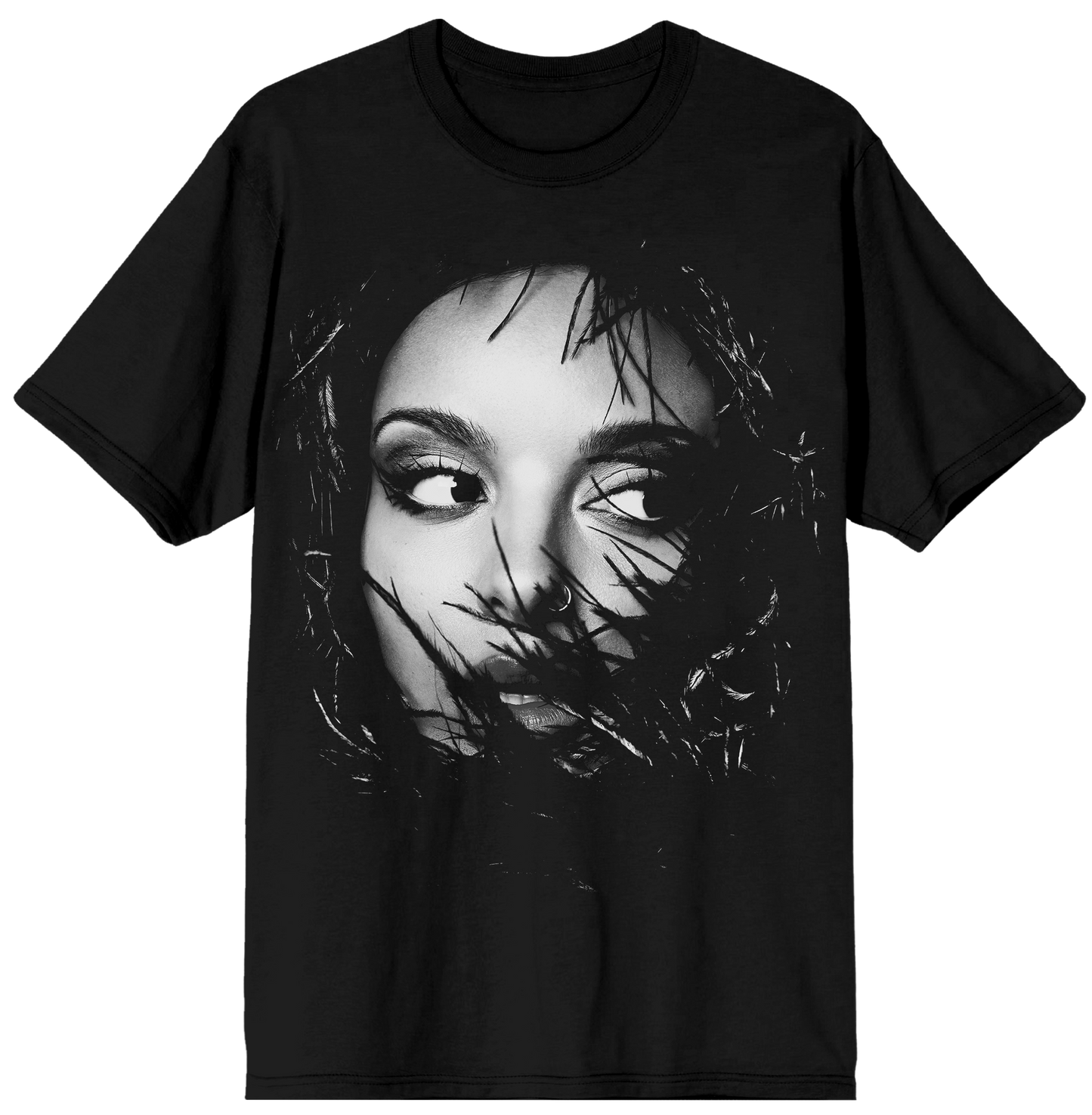 JADE Black t-shirt with a graphic design of a face on a white background