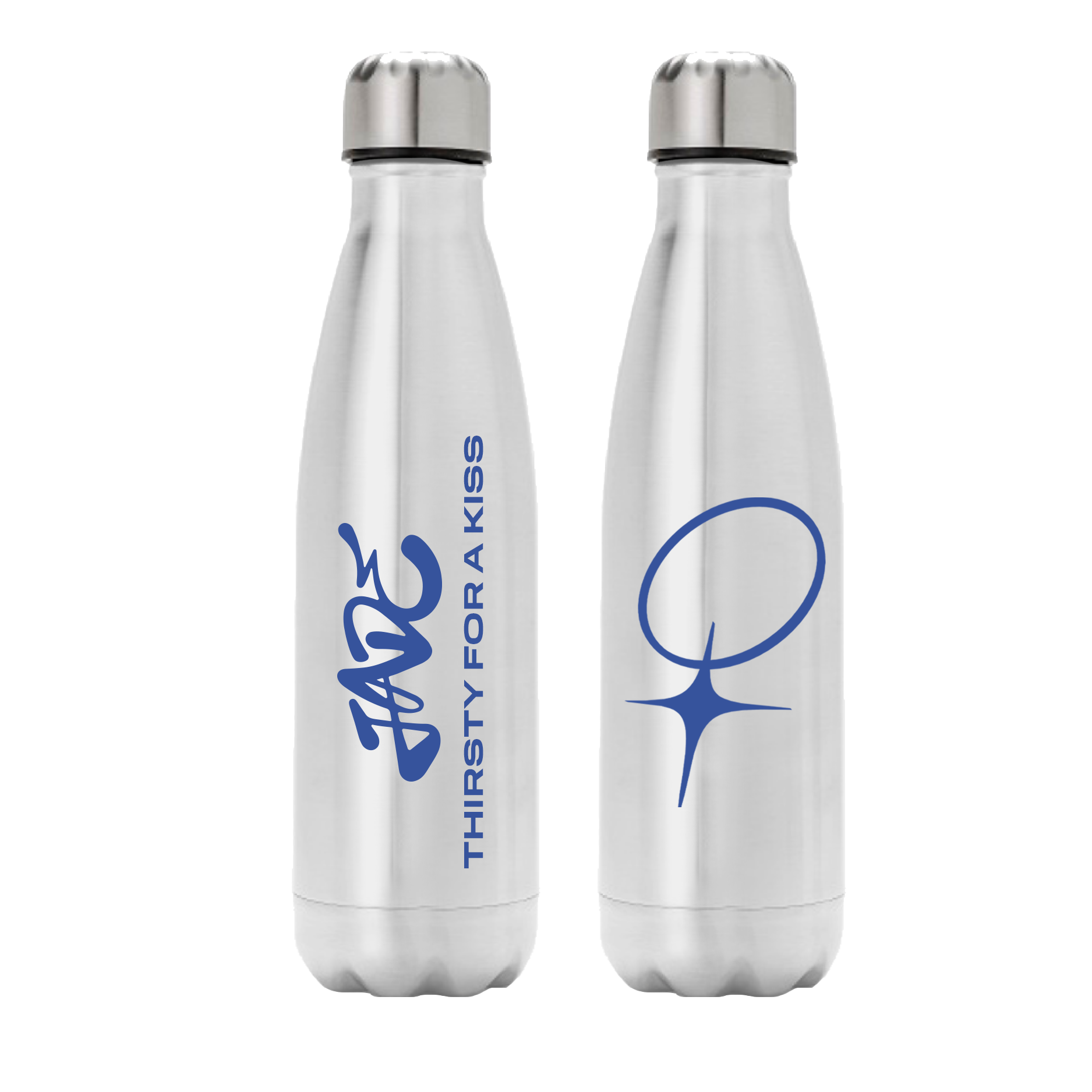 Two silver water bottles with blue text and logo on a white background