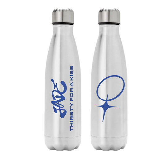 Two silver water bottles with blue text and logo on a white background