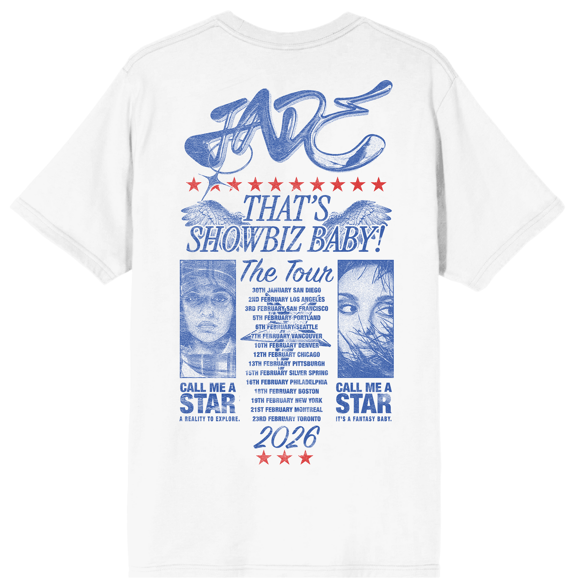 White t-shirt with blue and red graphic design featuring text and images on a white background