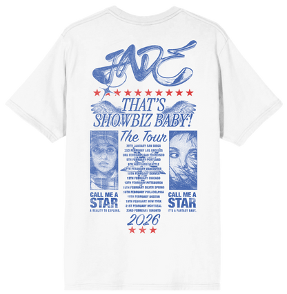 White t-shirt with blue and red graphic design featuring text and images on a white background