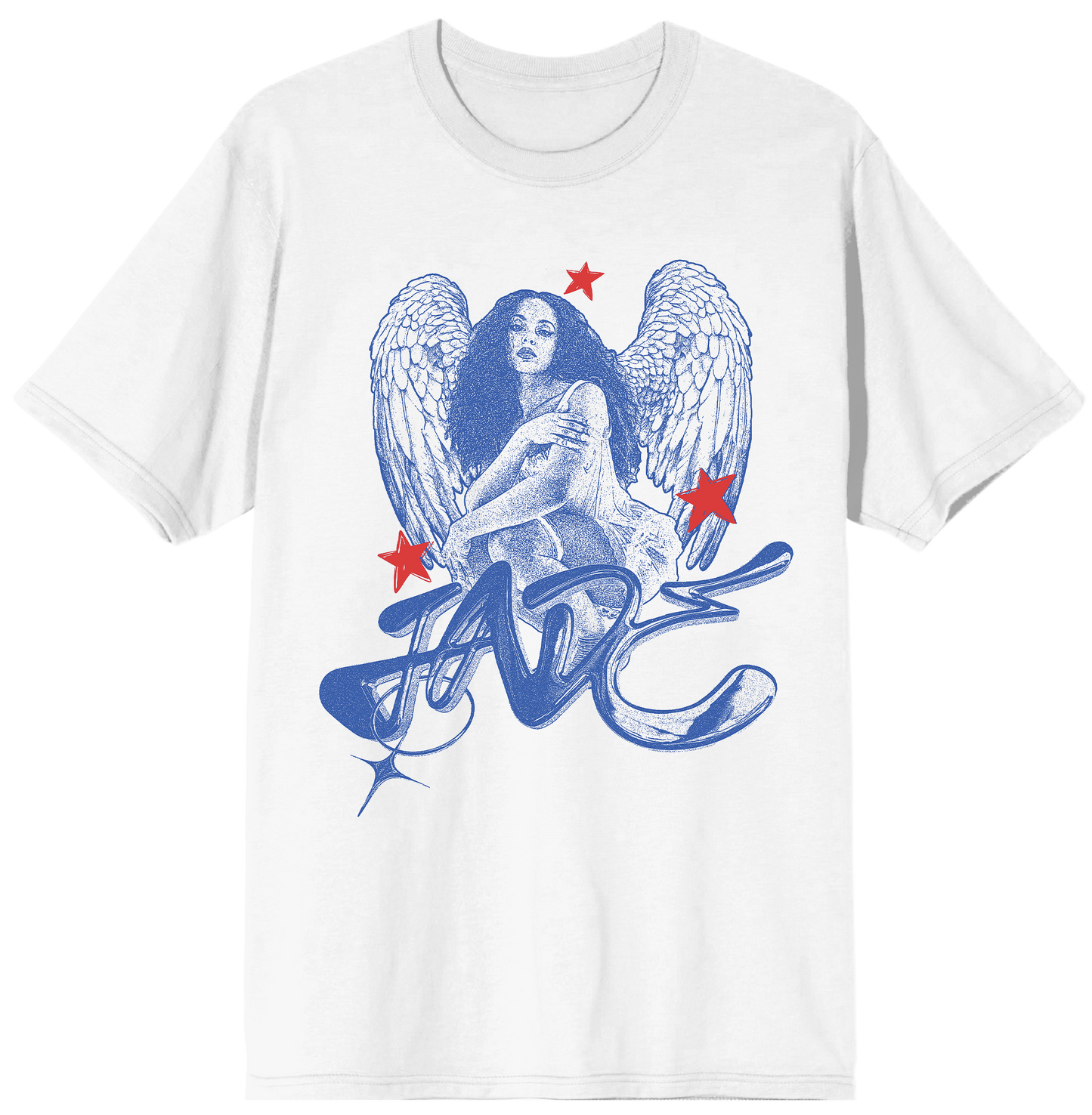 Jade White t-shirt with blue graphic design of an angel and red stars on a white background