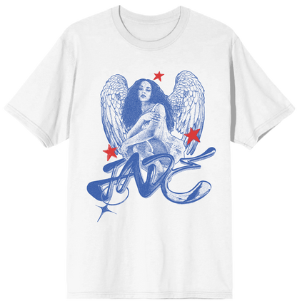 Jade White t-shirt with blue graphic design of an angel and red stars on a white background