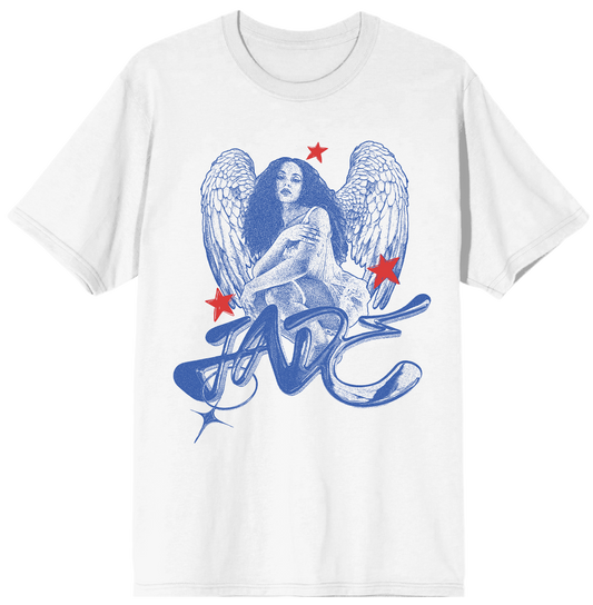 Jade White t-shirt with blue graphic design of an angel and red stars on a white background