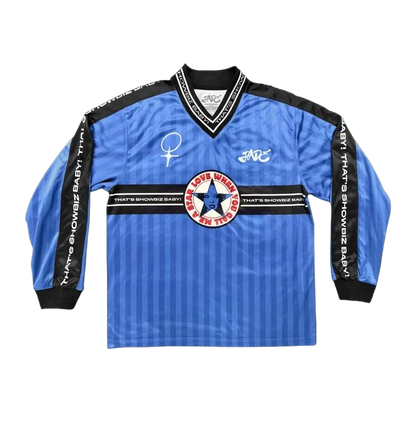 Blue sports jersey with black accents and logos on a white background