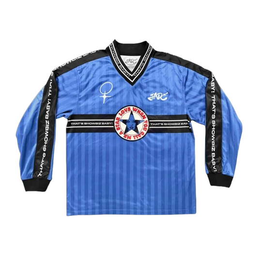 Blue sports jersey with black accents and logos on a white background