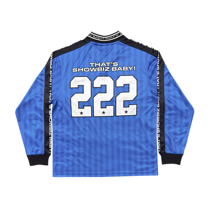 Blue long-sleeve shirt with text and numbers on a white background