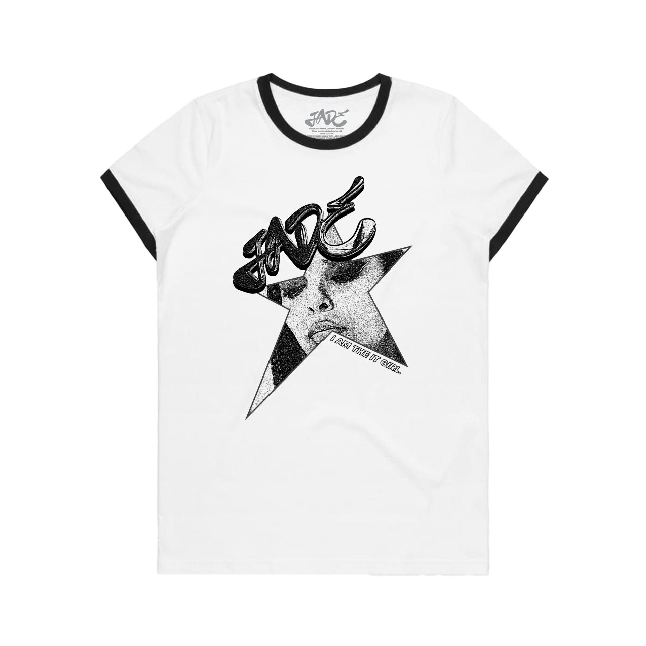 White t-shirt with black star graphic and text on a white background