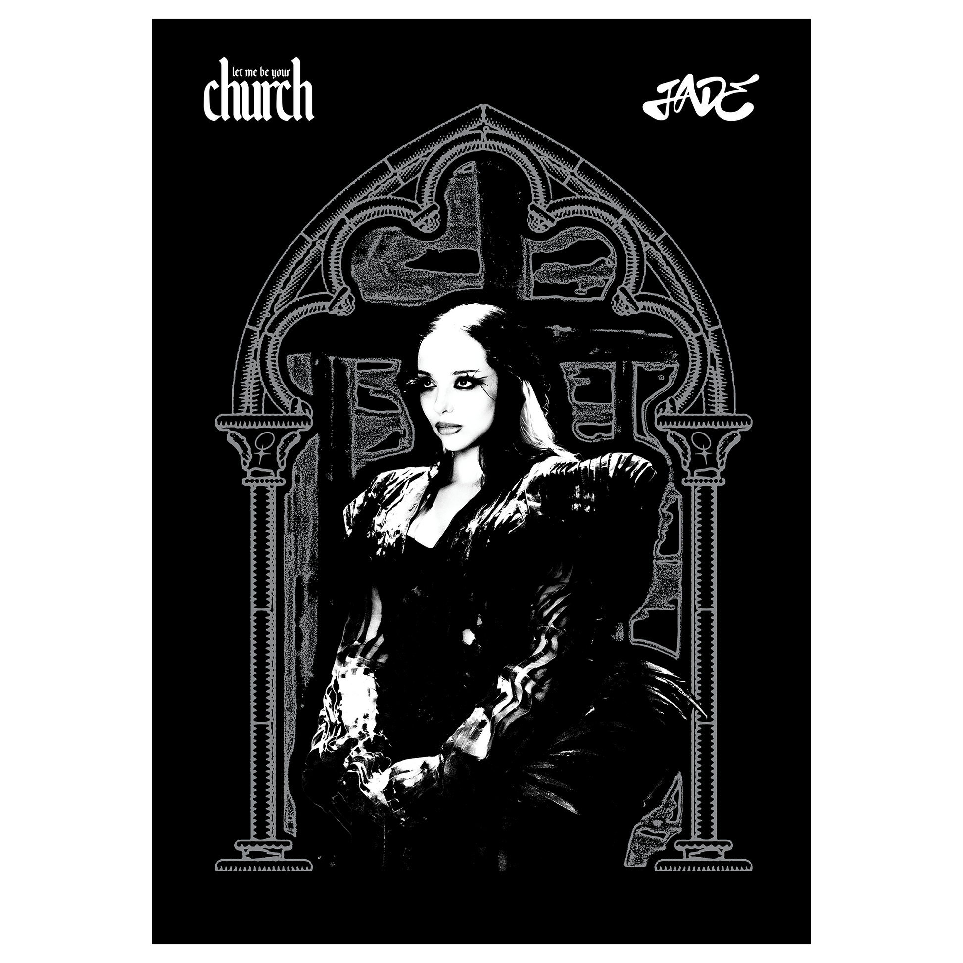 Black and white illustration of a woman in a dark outfit with decorative elements, framed by an archway with 'church' and 'JADE' text.